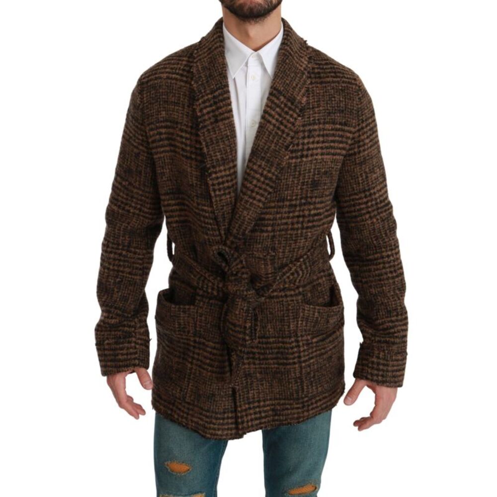 Dolce & Gabbana Brown Checkered Wool Robe Coat  Wrap Men's Jacket